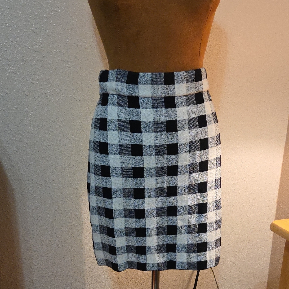 Theory Black and White Plaid Pencil Skirt
